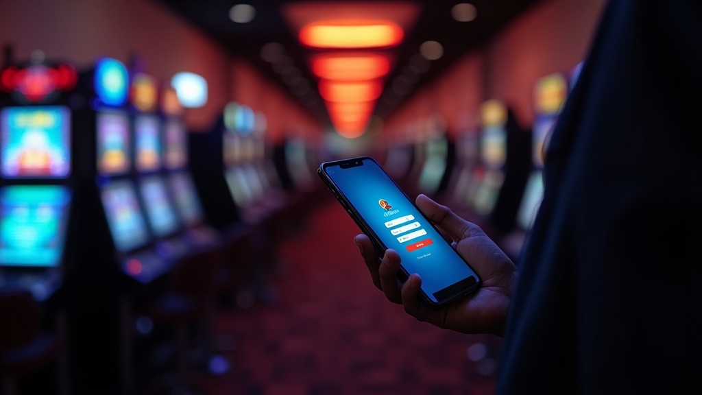 Hand holding an Android phone with a casino login app in a neon-lit casino setting
