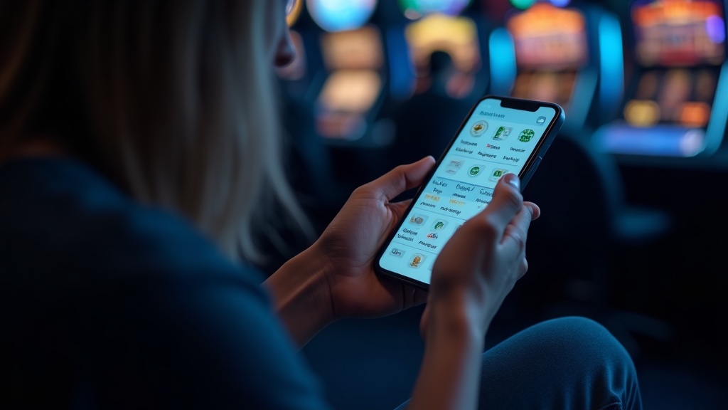 User checking the Casino Days app interface on a phone inside a dark casino