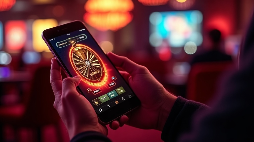 Hand holding a phone with Aviator-style gameplay in a dark casino lounge