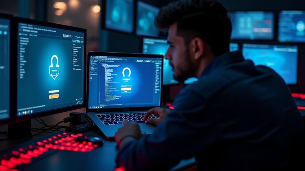 Laptop with a login error screen and user troubleshooting in a dark casino room