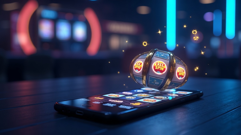 Glowing free spins offer and no deposit bonus visuals in a casino scene