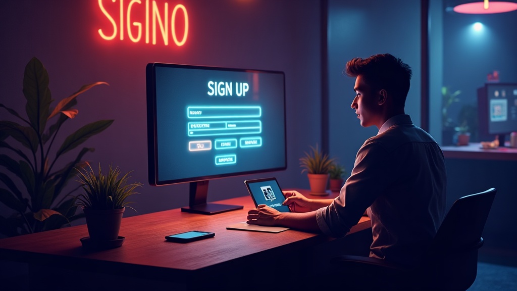 Casino sign-up form on a screen with ID card and phone in a dark casino scene