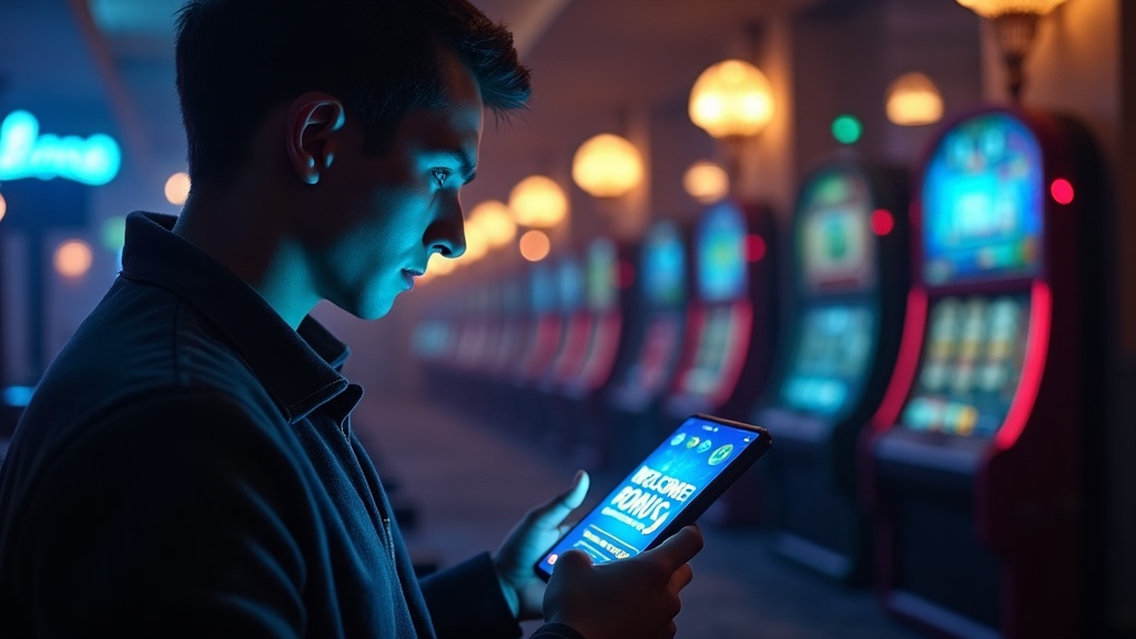 New player checking a welcome bonus screen in a dark casino setting